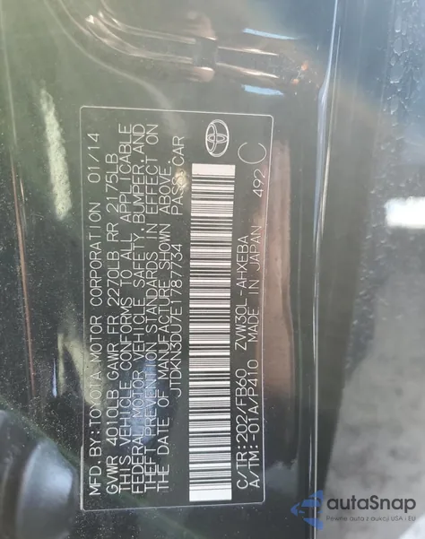 2014 Toyota Prius из США, поврежденный, VIN JTDKN3DU7E1787734